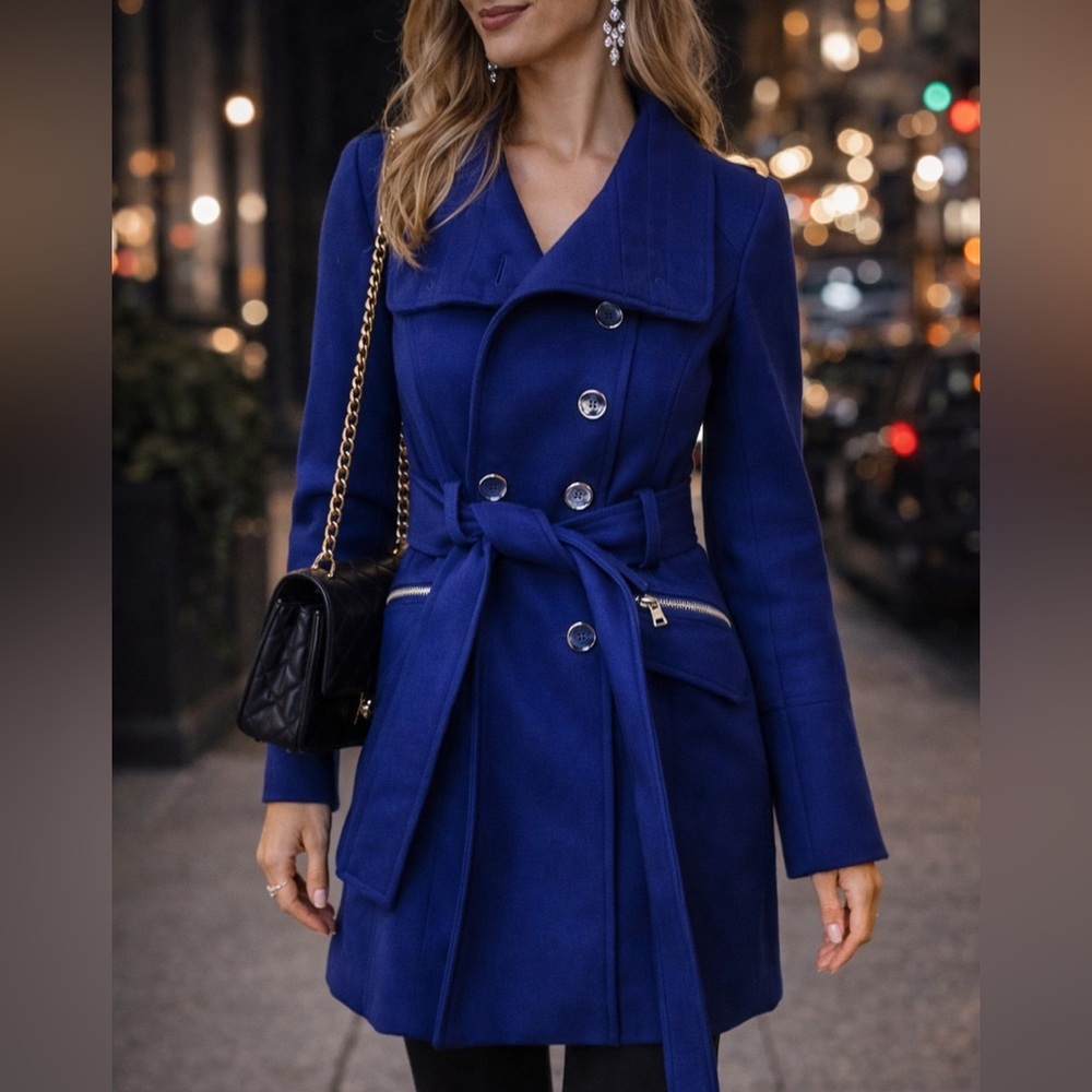 Guess Royal Blue Wool Blend Belted Peacoat XS | Double Breasted Dress Coat